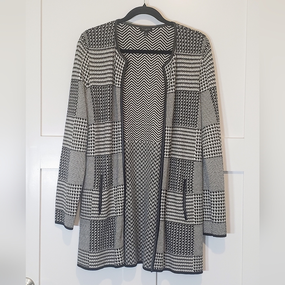 Talbots Houndstooth Open Front Cardigan Sweater Herringbone Size Medium Petite